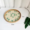 35cm round rattan serving tray featuring a green clover pattern shell inlay base - Four-Leaf Clover / Large 35*3cm