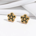 Gold five-petal flower earrings with deep green zircon stones on white silk background - Retro Dark Green Five-Petal Flower (E0158) / Gold/Green