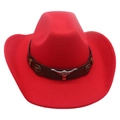 Red felt western cowboy hat with brown band and silver bull head metal ornament - Red