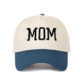 Close-up of MOM embroidery on a two-tone cotton canvas baseball cap with blue brim - Adjustable / Off-White and Deep Blue