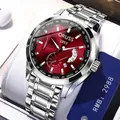 Men's quartz watch with silver stainless steel strap and sunray red dial with calendar - Dark Silver Band Red Dial