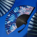 Classic dark blue folding fan with pink floral patterns, black bamboo ribs and silk tassel - Deep Blue Butterfly Flower