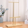 Two-tier gold metal jewelry stand with wooden base and multiple holes for earrings - Double Layer / Gold / 2-Tier T-Bar