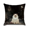 Detail of artistic white cat print on square throw pillow cover with vintage text decor - White Cat Vintage Cafe