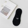 Black low cut no-show socks with white bow embroidery and high density knit cotton - Black