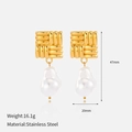 Gold plated stainless steel square earrings with irregular white pearl drops for women - Gold Checkered Pearl Drops