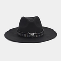 Detalle de sombrero fieltro negro con banda étnica tejida y hebilla de cráneo de toro plateada - M (56-58cm) / Estilo de Hebilla Metálica de Calavera de Buey Plateada (Color 2#)