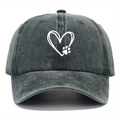 Washed dark grey baseball cap with white heart and pet paw print graphic for sun protection - Army Green