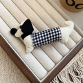 Detailed view of handmade polka dot fabric dachshund dog hair clip on display - Coffee Plaid
