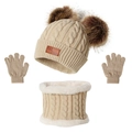 Beige kids winter set with double fur pom knitting hat scarf and gloves combo - Beige Set