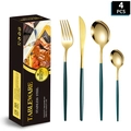 4-piece stainless steel cutlery set in gold and dark green finish with a gift box - Green Gold 4-Piece Set with Gift Box