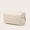 Creamy white woven PU leather makeup bag with gold hardware and top handle - Octagonal Pouch / Cream