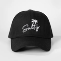 Close-up of Salty text and palm tree embroidery on the black cotton baseball cap - One Size / Black