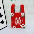 Red festive knitted tote bag with double happiness symbol and floral love design - Double Happiness Red