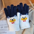 Detail of navy knit gloves with cute Shiba Inu pattern and thermal ribbed wrists - Shiba Inu White