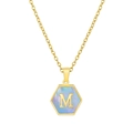 Macro detail of 18K gold stainless steel hexagon necklace with M letter and blue shell - Blue Shell M