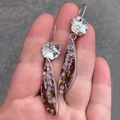 Elegant silver flower earrings with long crescent shaped natural stone pendants - S683 Flower Moon Stone