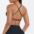 Dettaglio delle spalline incrociate sul retro di un reggiseno sportivo nero elasticizzato - S / Nero