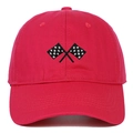 Detailed embroidery of black and white racing flags on a red cotton baseball cap - Rose Red