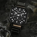 Close-up of a square black dial watch with leather strap on dark rock texture - HK064 Watch Only / Black