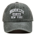 Detail of Brooklyn embroidery on washed cotton grey baseball cap with 3D stitching - Army Green