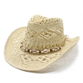 Chapeau de cowboy en paille tressé avec décor de coquillages pour protection solaire - M(56-58cm) / Poche zippée