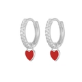 Silver hoop earrings with pave diamonds and vibrant red heart-shaped charms - White Gold Plated Red