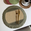 Round woven placemat in beige and olive green with tassel fringe for table decor - Green Beige with Green Fringe (35cm Round)