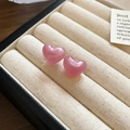 Macro shot of pink heart stud earrings with cat eye resin finish in a beige jewelry box - 5# Pink Glossy Heart Stud Earrings (Silver Earring Post)