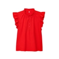 Mouwloze rode damesblouse met ruches op de opstaande kraag en knoopsluiting - S / Rood