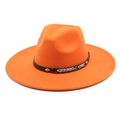 Close-up of bright orange wide brim wool hat featuring brown leather band with gold studs - M(56-58cm) / Orange
