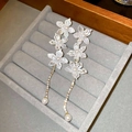 Elegant lily earrings with iridescent petals, pearls and sparkling tassel chains - 26# Triple Phantom Flower Tassel Drop (HE15735)