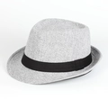 Detailed view of gray melange woven fedora hat with a classic black ribbon band decoration - White