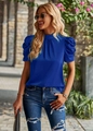 Detailed view of blue short sleeve satin blouse with elegant puff sleeves and high neckline - S / Blue