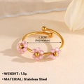 Adjustable golden stainless steel ring featuring three delicate pink crystal daisies - 923G-2 / Pink Flower