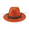Bright orange felt fedora hat with ethnic patterned band and silver coin pendants - 58cm / Orange