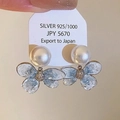 Macro shot of silver pearl butterfly earrings with blue glass wings and crystal accents - 3# Silver Blue Bow Pearl Stud Earrings