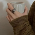 Vintage S925 sterling silver wide ring with irregular pleated texture on model hand - JZ0943-Wide Wrinkled