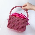 Sparkly magenta rhinestone bucket evening bag with silk drawstring and pearl charm - Rose Red