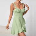 A-line strap dress in pale green with ruffled hem and bow ties on shoulders - M / Light Green