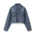 Modische verkürzte Jeansjacke in Mittelblau mit Pattentaschen und offener Saumkante - XS / Tops