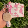 Pink butterfly print PU leather card holder wallet with tassel and engraved I love you charm - Pink Butterfly