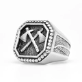 Detail view of vintage silver Viking ring featuring twin axes and feather totem engraving - US 7 / Steel Color (24305)
