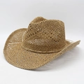 Breathable hollowed-out straw Western cowboy hat with wide brim for sun protection - M (56-58cm) / Khaki