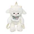 White plush lamb backpack with soft fleece texture, green bib and beige shoulder straps - 41cm / White Straight Hair