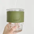 Bamboo shaped glass coffee cup with olive green leather sleeve and glass straw - Short Set with Green Leather Sleeve (Clear)