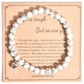 Pink Zebra Jasper 8mm beaded bracelet with silver heart charm on kraft gift card - Howlite Heart With Card Style