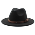 Detail view of black felt fedora hat featuring a brown leather strap with silver rivets - M (56-58cm) / Black
