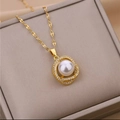 Detail of gold floral chain necklace with hollow round pearl pendant and zircon stones - Gold - Wrapped Pearl Necklace (Lip Chain)
