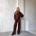 Brown knit two-piece set featuring half-zip sweater and matching wide-leg trousers - S / Brown